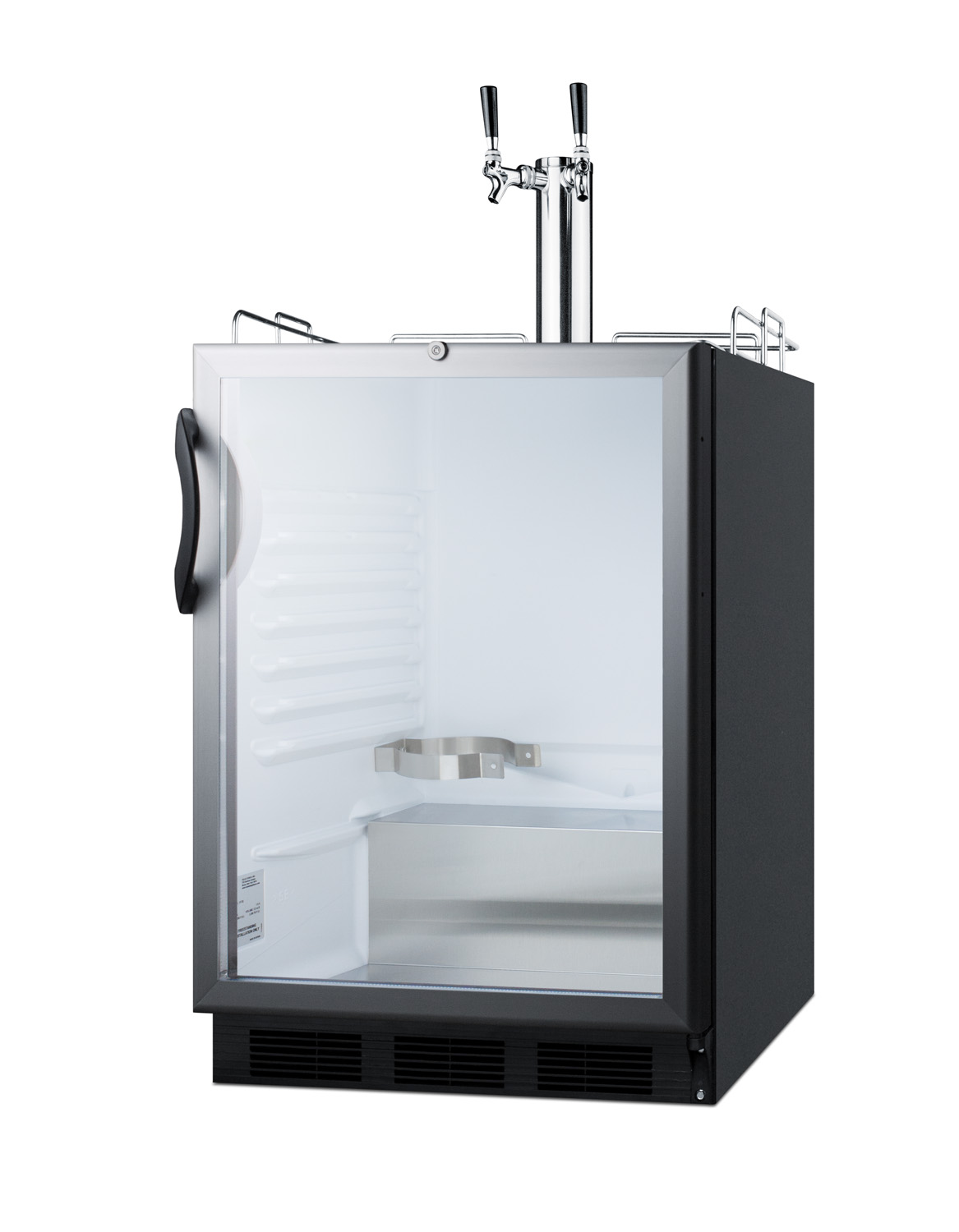 Built-in undercounter ADA height commercially listed dual tap beer dispenser with glass door, lock, and black cabinet